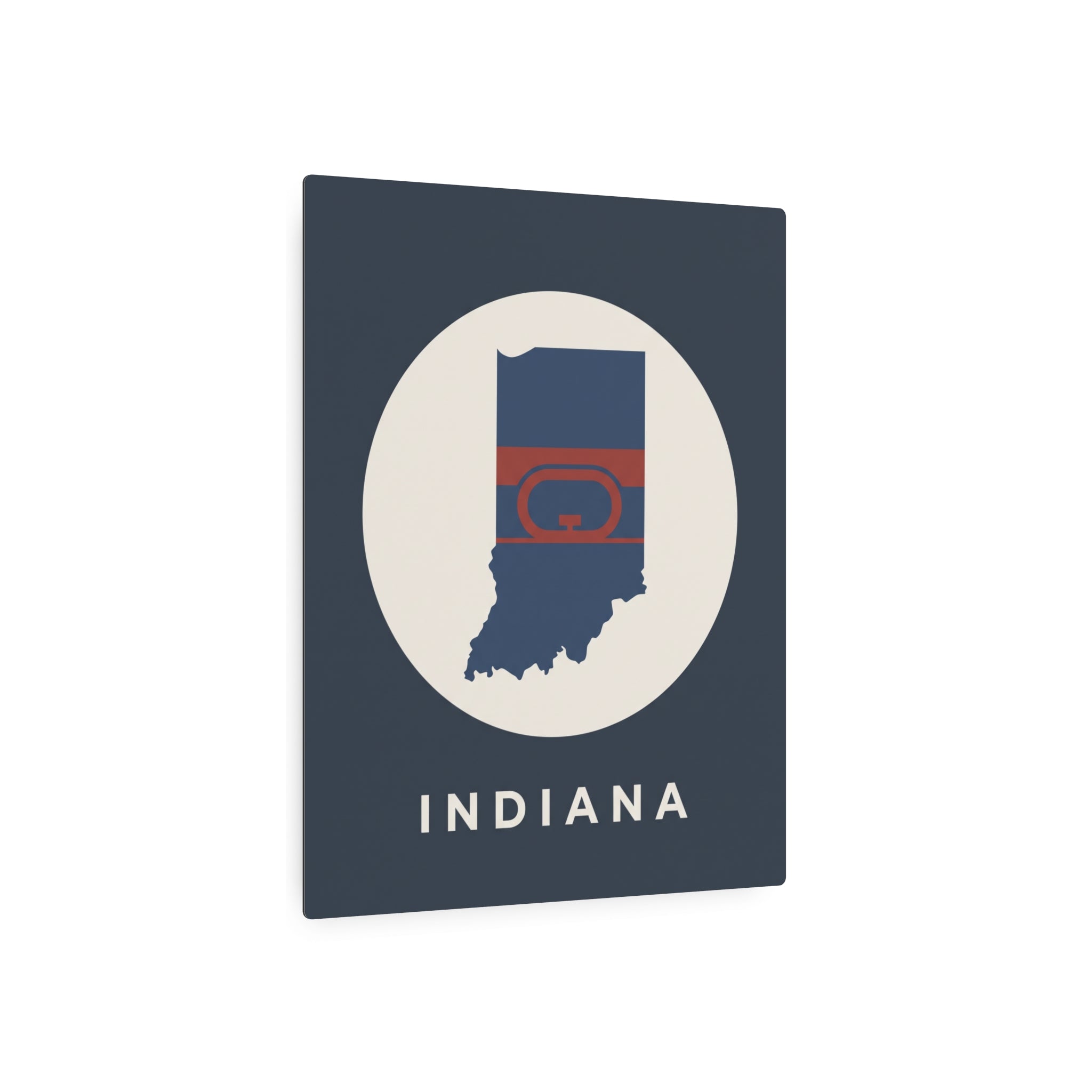 Indiana metal wall sign with dark blue rectangle, white oval, Indiana silhouette, and hoop flag artwork