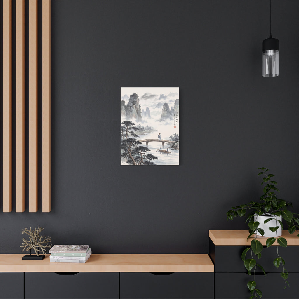 Wall art print of misty mountain landscape with lake, trees, and small boats