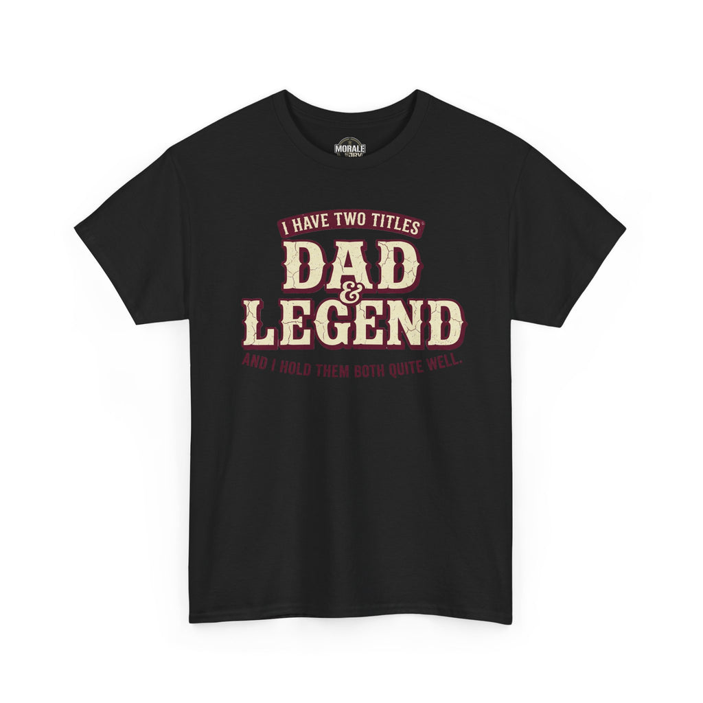 Black short-sleeve T-shirt with “DAD LEGEND” vintage-style typography graphic
