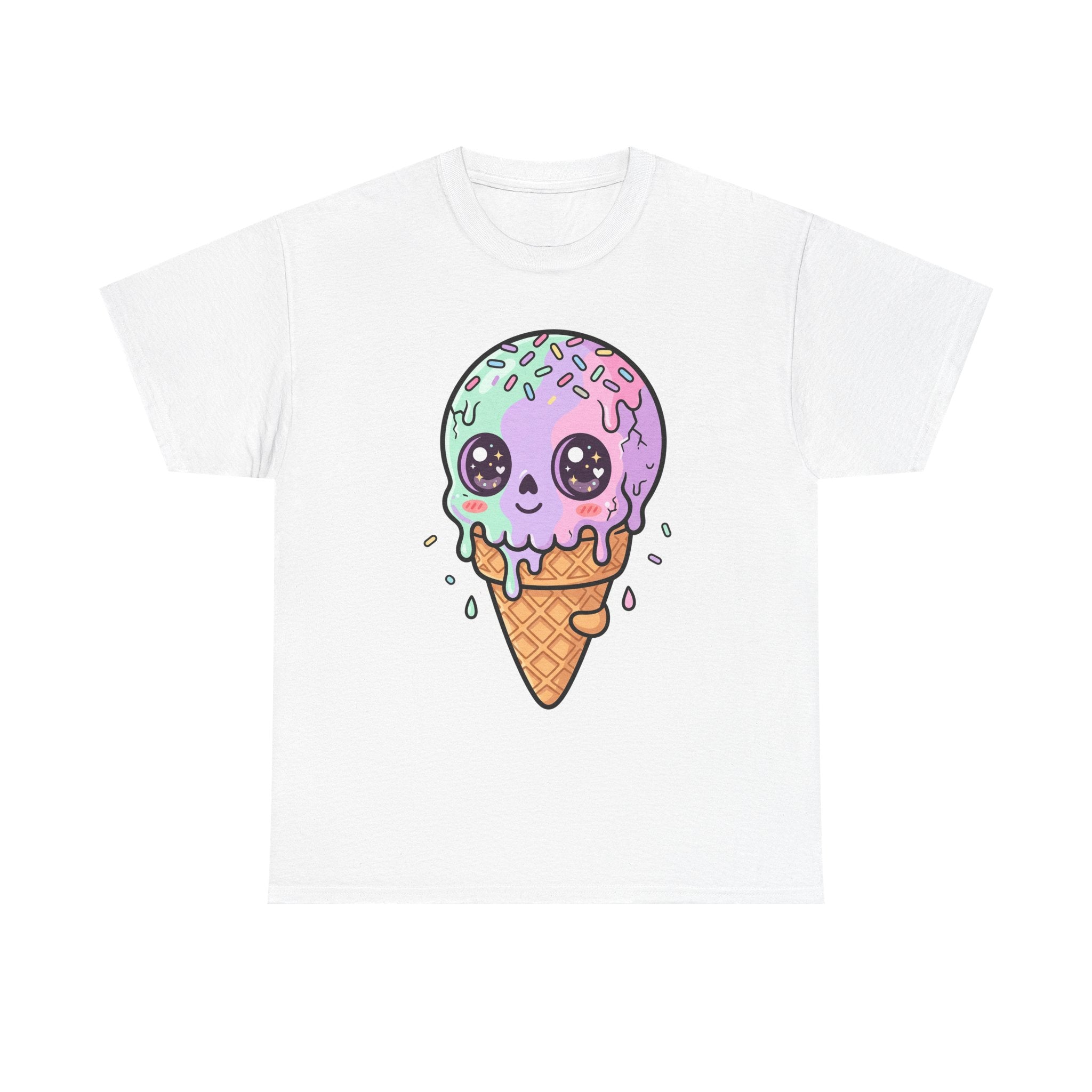 Kawaii melting ice cream cone T-shirt, cute purple cartoon dessert graphic on white