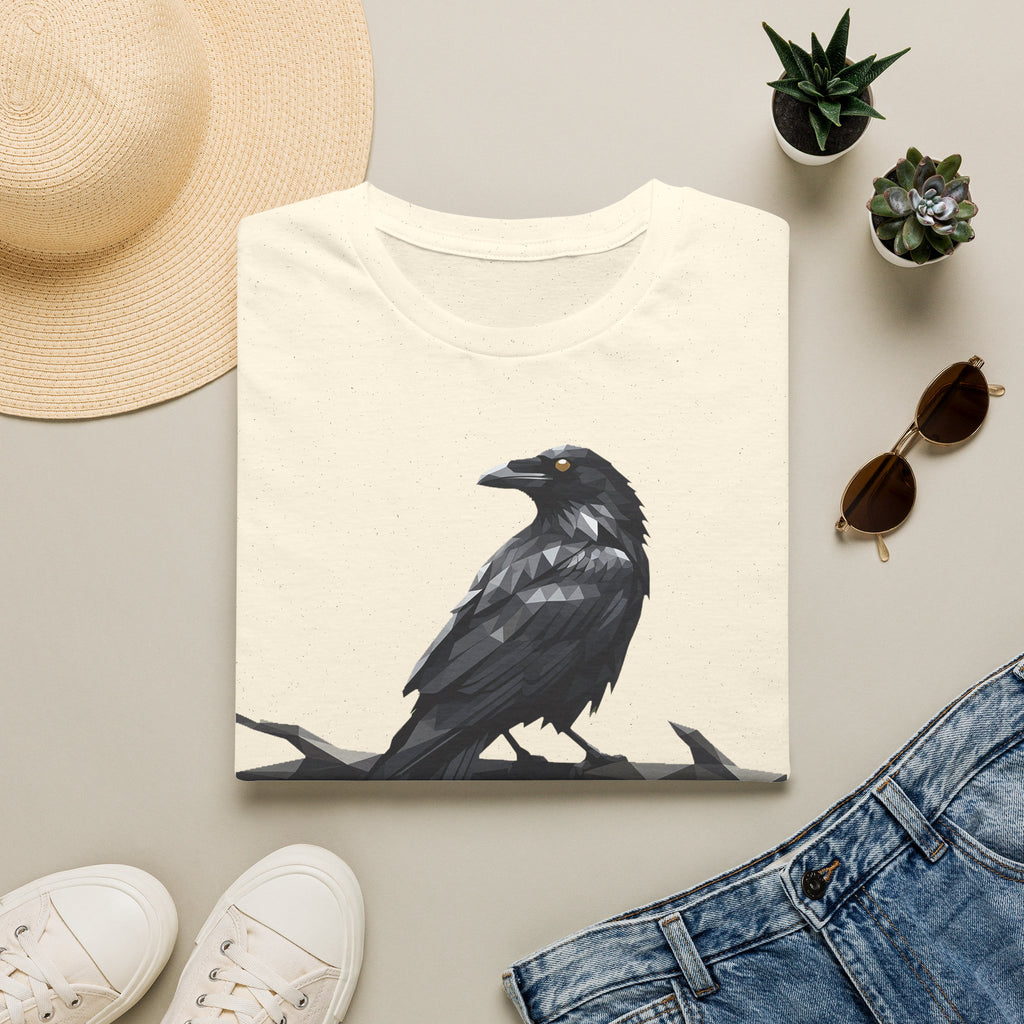 Natural-colored raven t-shirt with a sitting crow graphic on the front