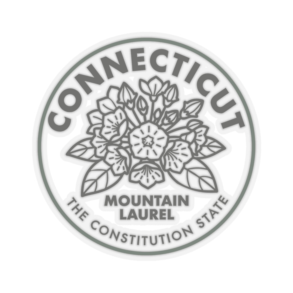 Round Connecticut seal decal with mountain laurel line art and green ring text