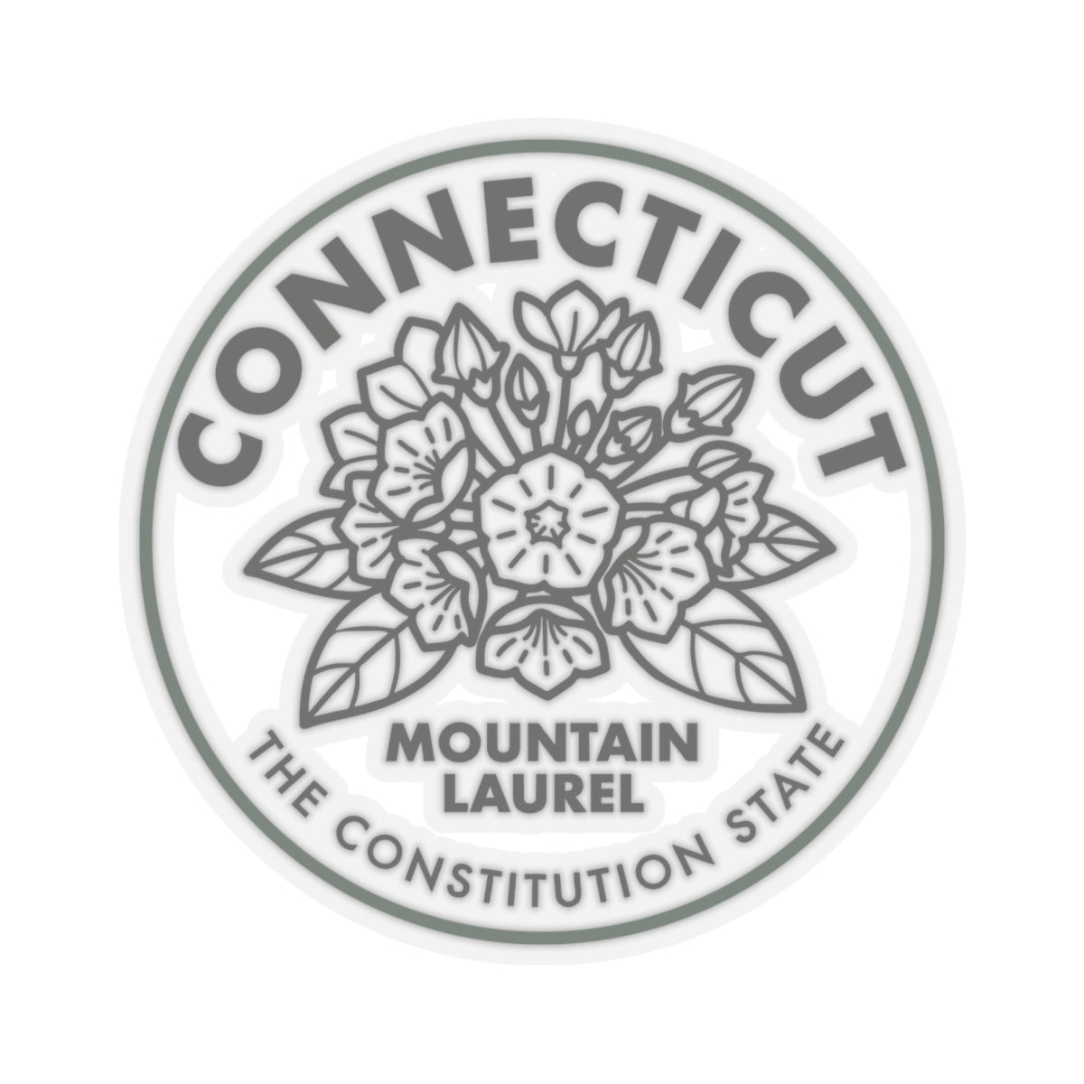 Round Connecticut seal decal with mountain laurel line art and green ring text