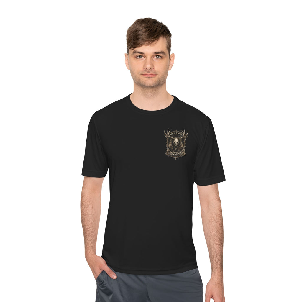 Black T-shirt on model with small gold deer emblem on left chest