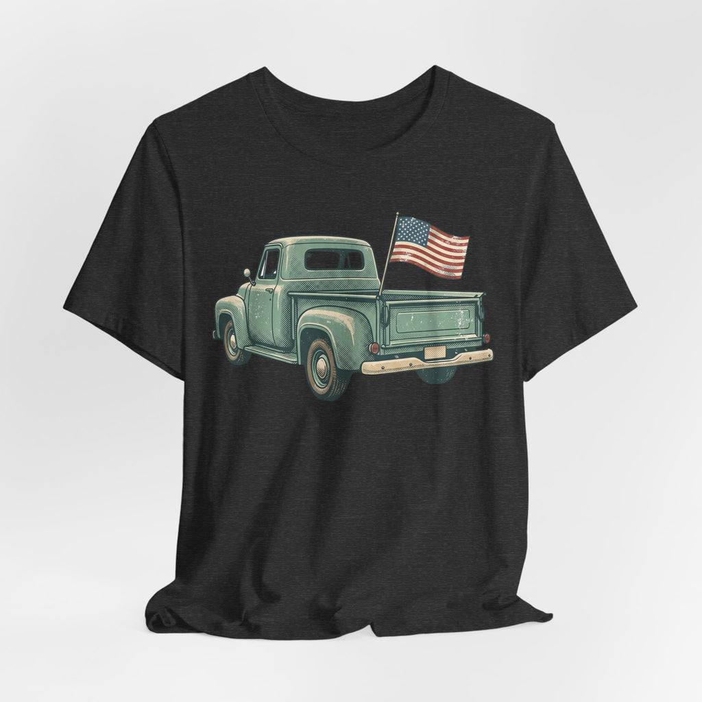 Black crewneck T-shirt featuring a vintage green pickup truck and American flag.