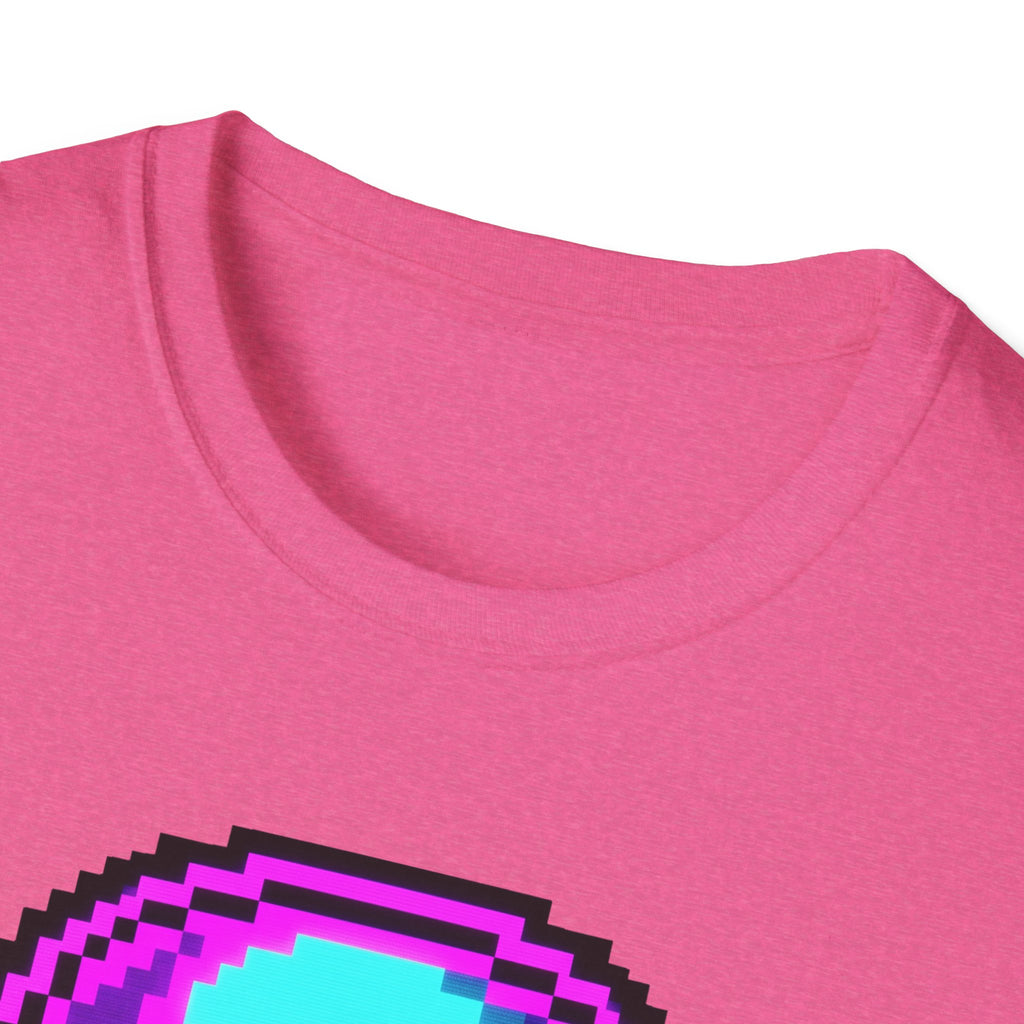 Pink T-shirt neckline with partial neon pixel-skull graphic