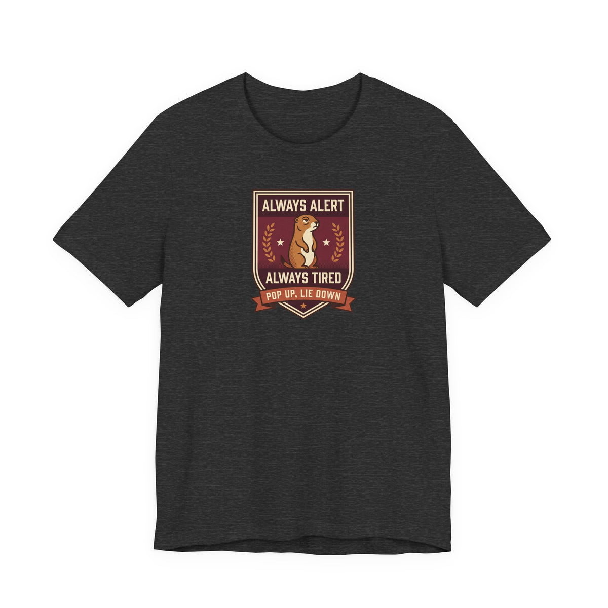 Dark charcoal T-shirt with squirrel crest badge graphic and “Always Alert Always Tired” text