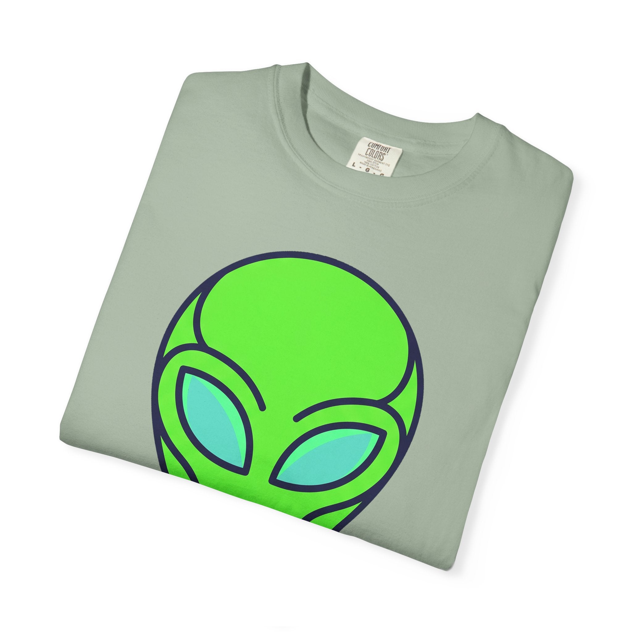 Sage green T-shirt with neon alien face graphic