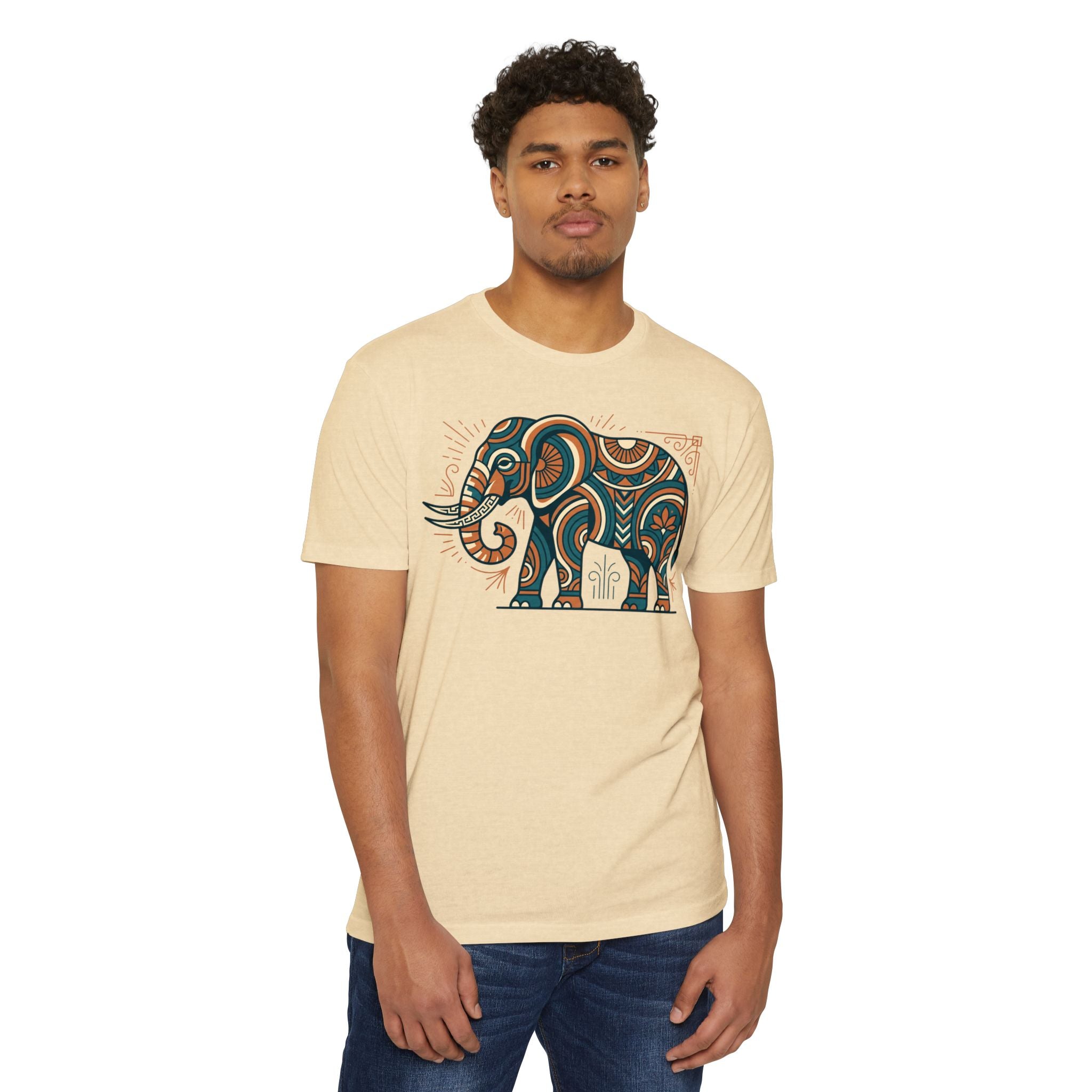 Cream crewneck short-sleeve T-shirt with paisley elephant graphic on chest