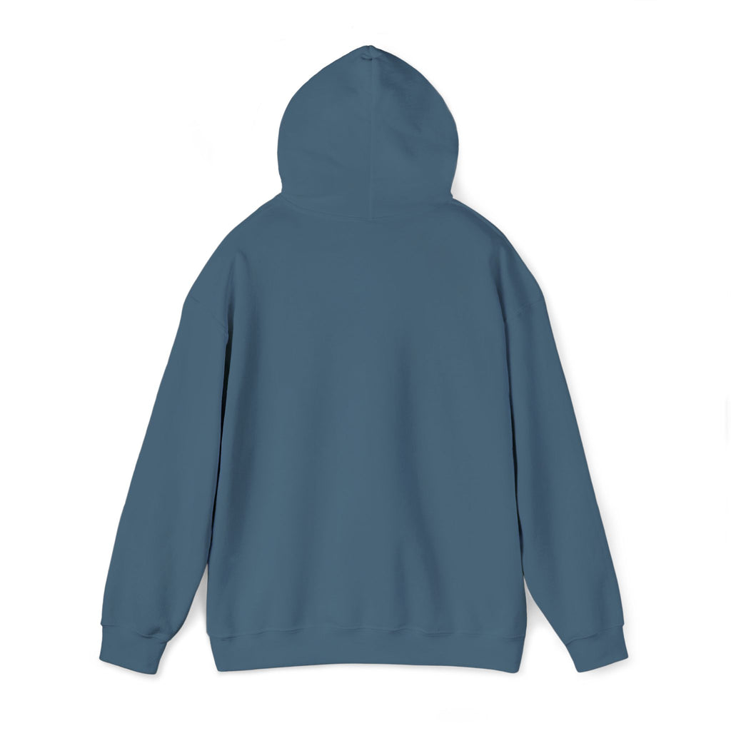 Nautical floral seahorse hoodie, pullover style, dark blue, back view with hood