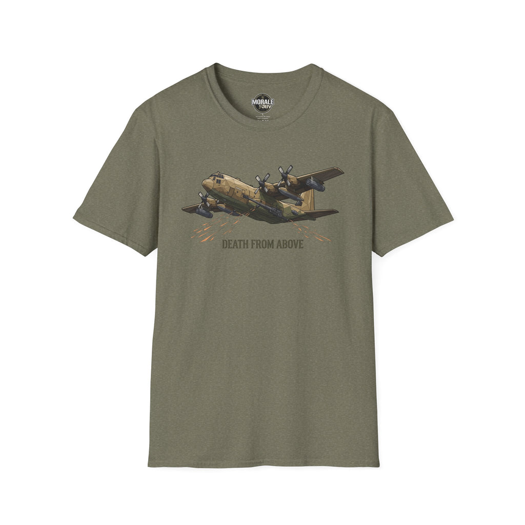 Olive C-130 cargo plane graphic T-shirt, “DEATH FROM ABOVE” text