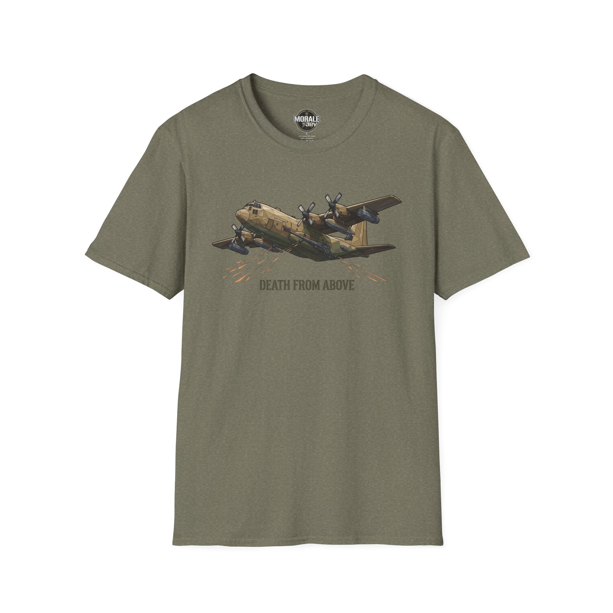 Olive C-130 cargo plane graphic T-shirt, “DEATH FROM ABOVE” text