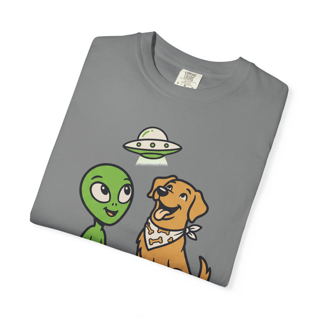 Charcoal crewneck T-shirt with alien face and brown dog cartoon graphic