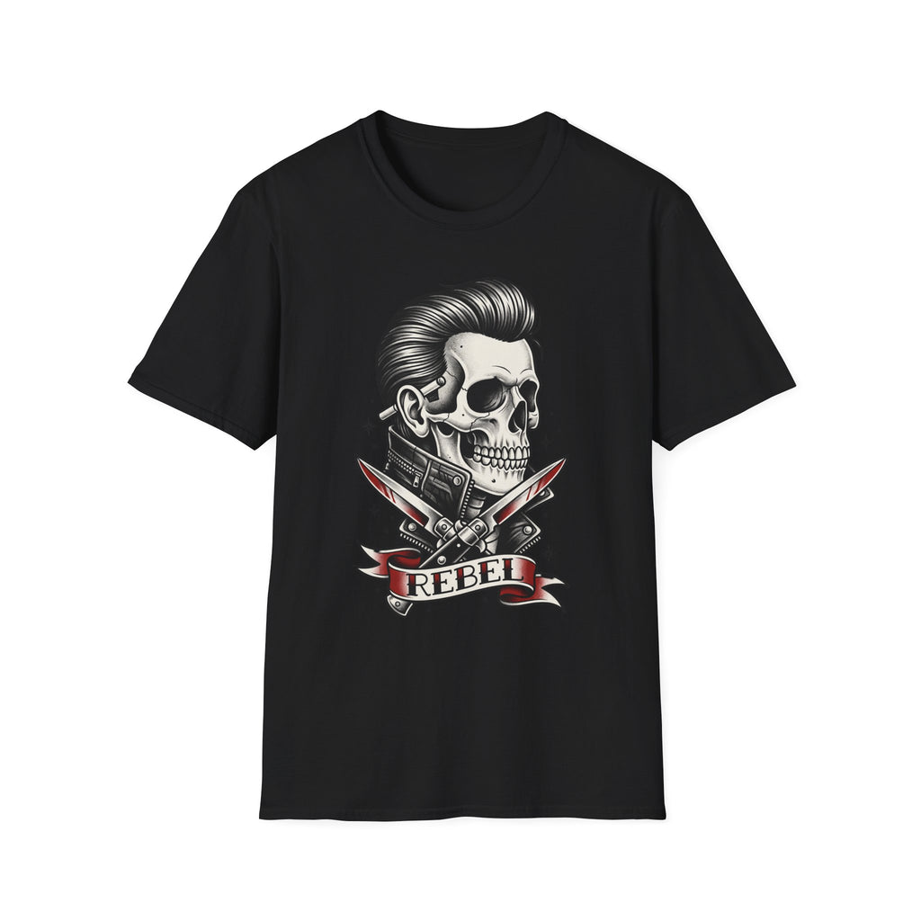 Rockabilly Rebel skeleton T-shirt, black; pompadour skull and crossed razors graphic