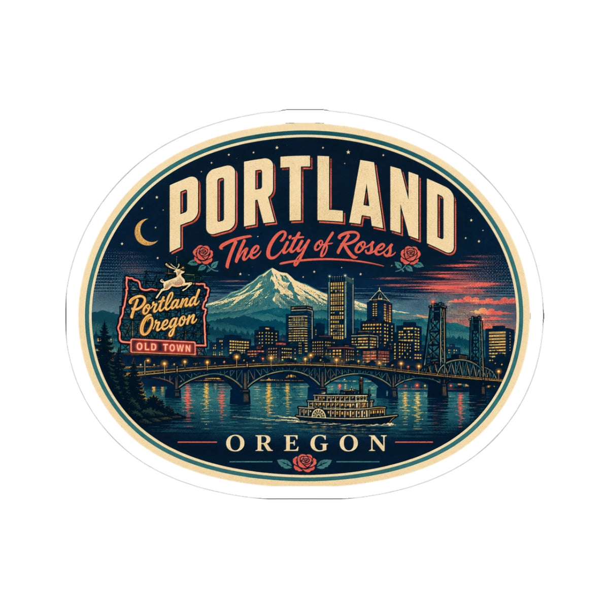 Round Portland Oregon luggage tag sticker with retro skyline illustration and “OREGON” text