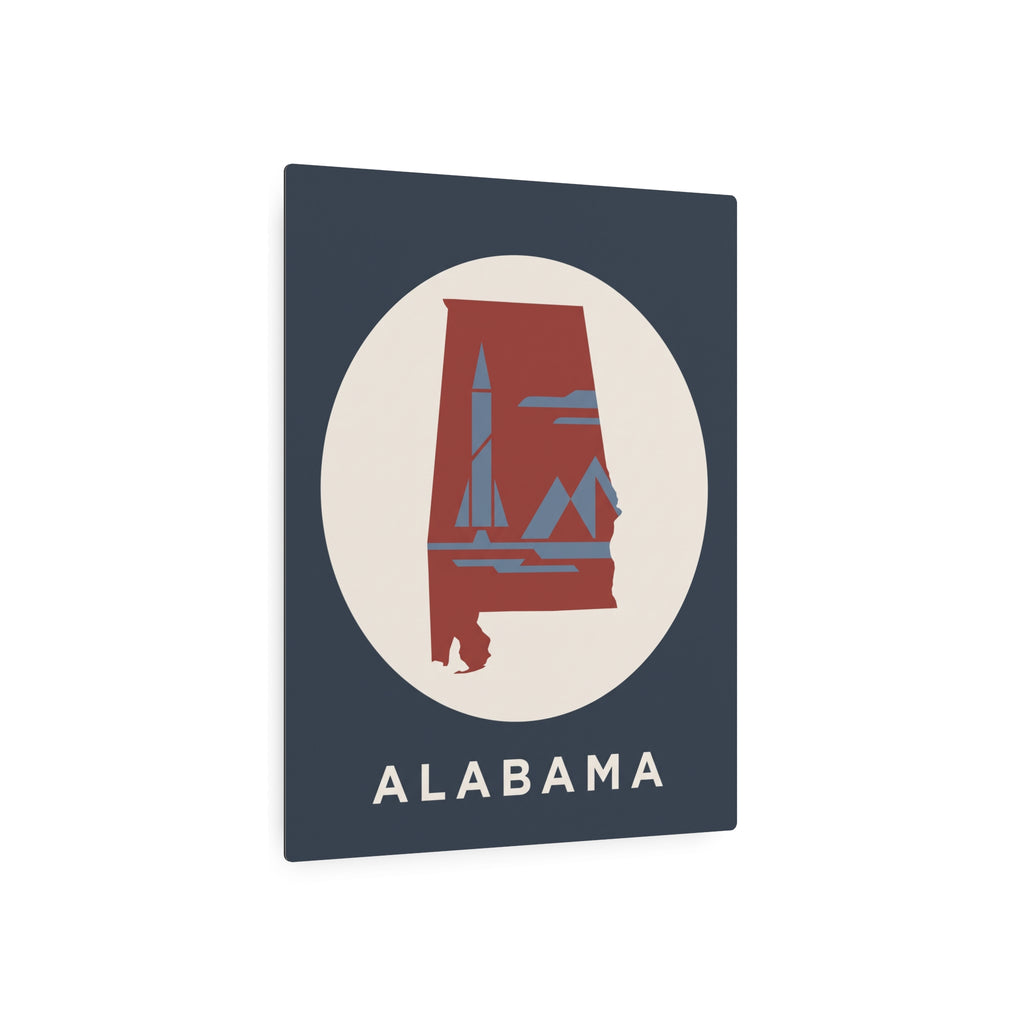Alabama retro rocket metal wall sign, dark blue square with circular logo and 'ALABAMA'