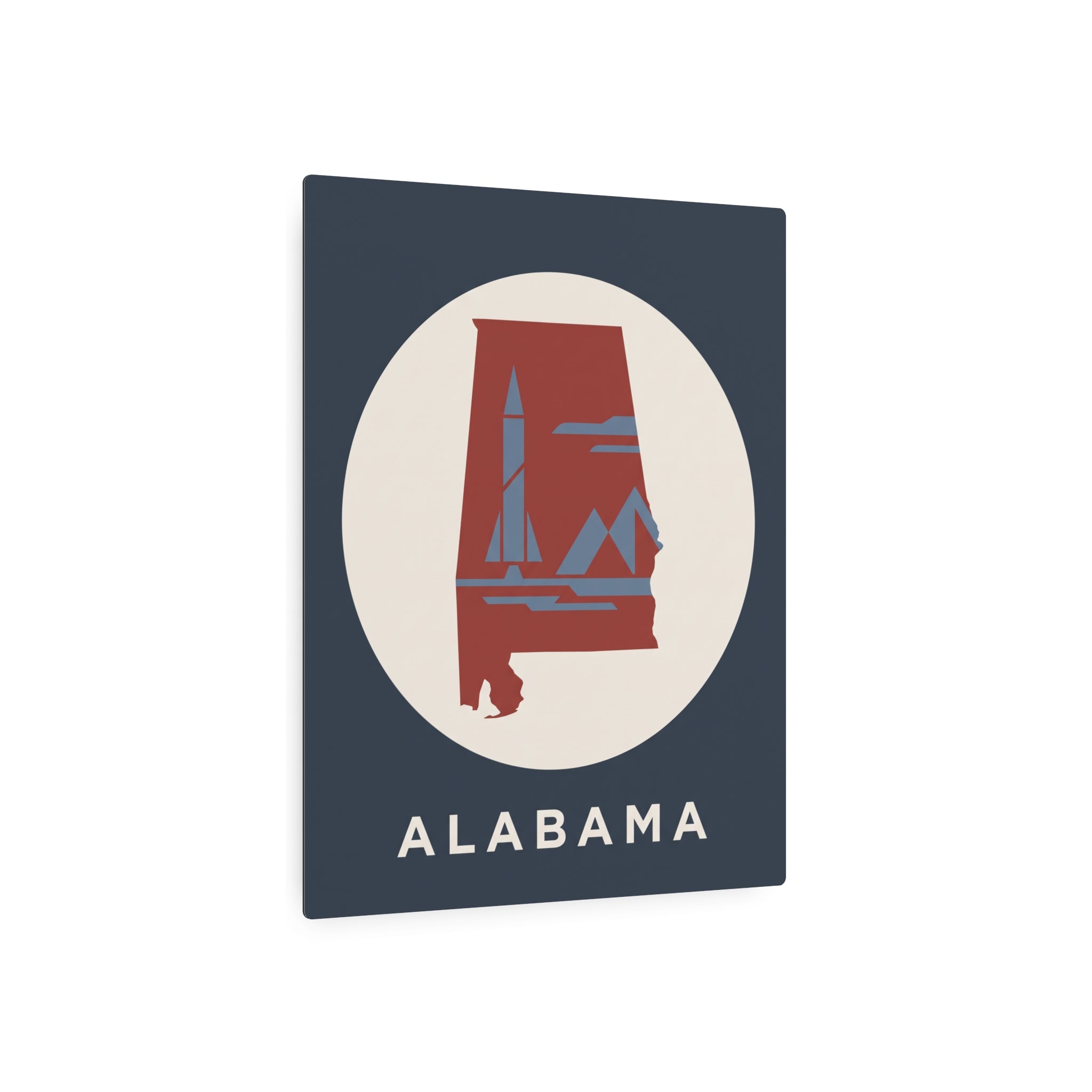 Alabama retro rocket metal wall sign, dark blue square with circular logo and 'ALABAMA'