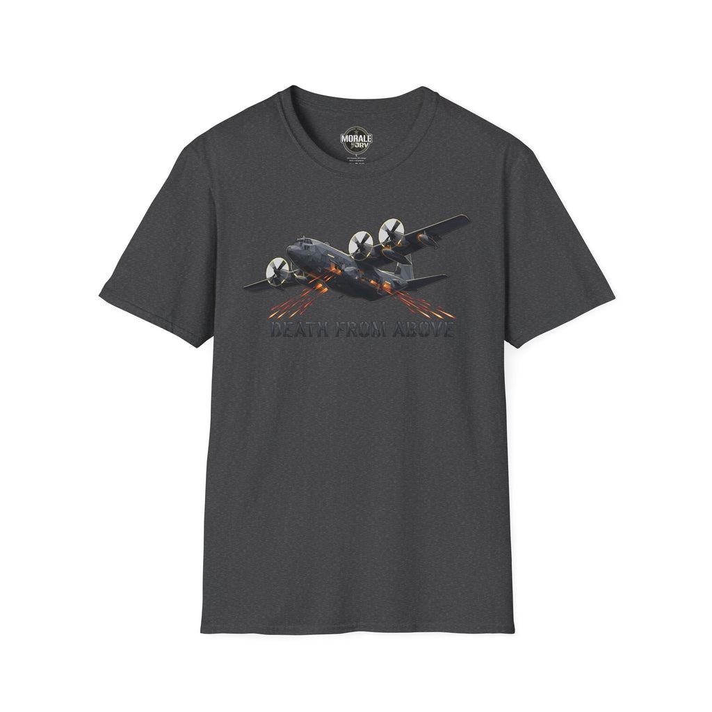 Death From Above T-Shirt in dark gray with military plane print and orange streak design