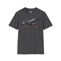 Death From Above T-Shirt in dark gray with military plane print and orange streak design
