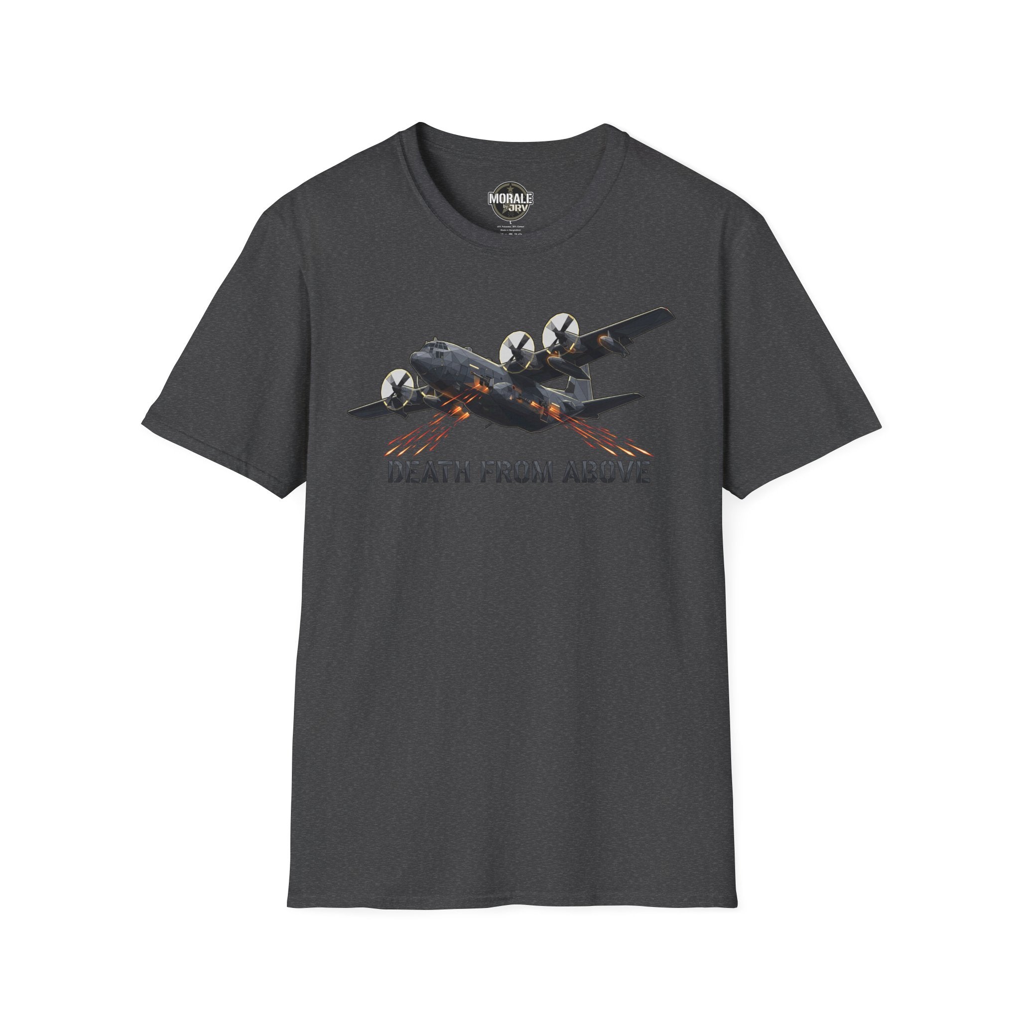 Death From Above T-Shirt in dark gray with military plane print and orange streak design