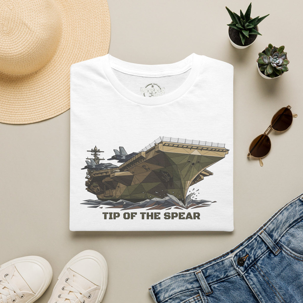 White military tank T-shirt with front tank graphic and 'TIP OF THE SPEAR' text