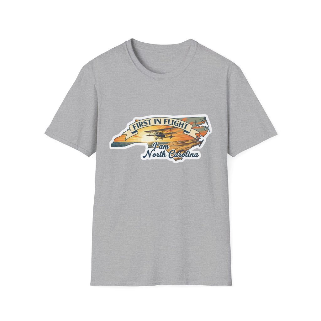 North Carolina T-shirt in sport grey, “First in Flight” plane over state outline graphic