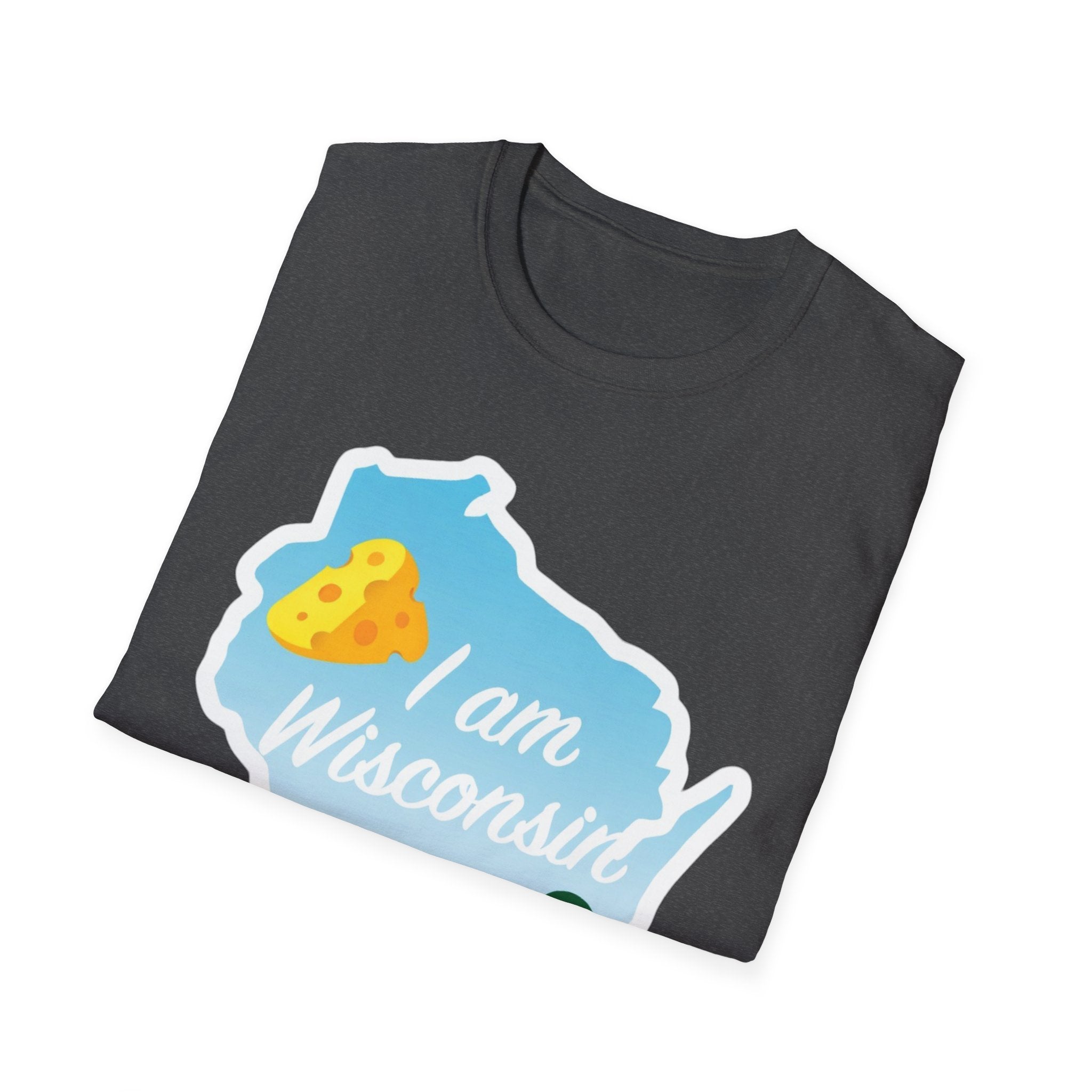 I Am Wisconsin T‑Shirt dark gray with Wisconsin outline, cheese and landscape text