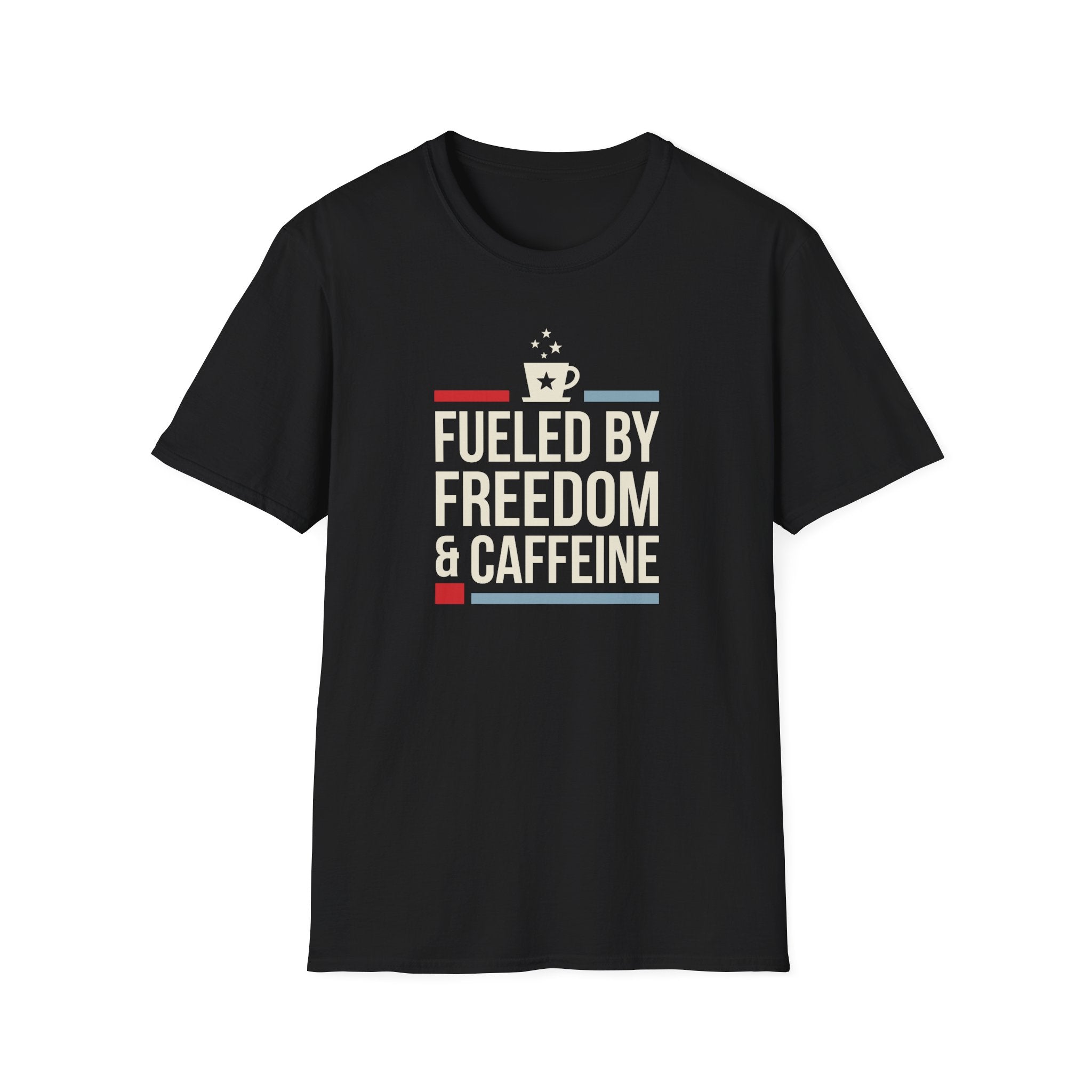 Black T-shirt with front print: “Fuelled by Freedom & Caffeine” and coffee cup icon