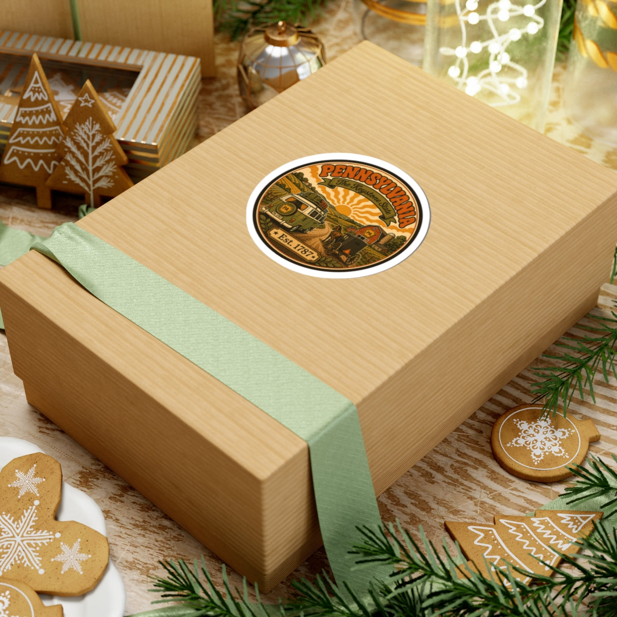 Oval Pennsylvania sticker on a gift box with vintage van and buggy illustration