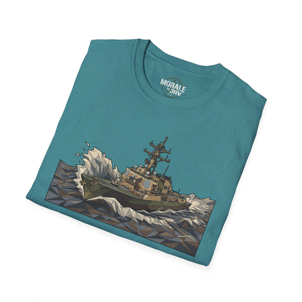 Teal T-shirt with Coast Guard cutter ship graphic in geometric style