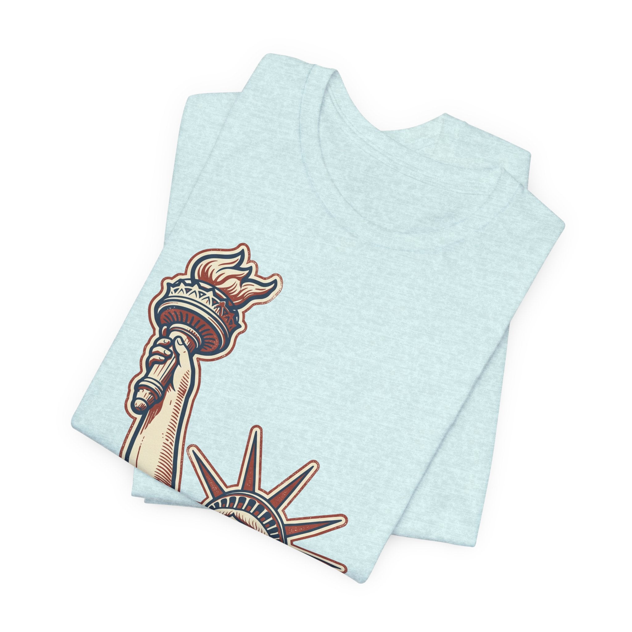 Light blue graphic T-shirt with partial Statue of Liberty illustration on front