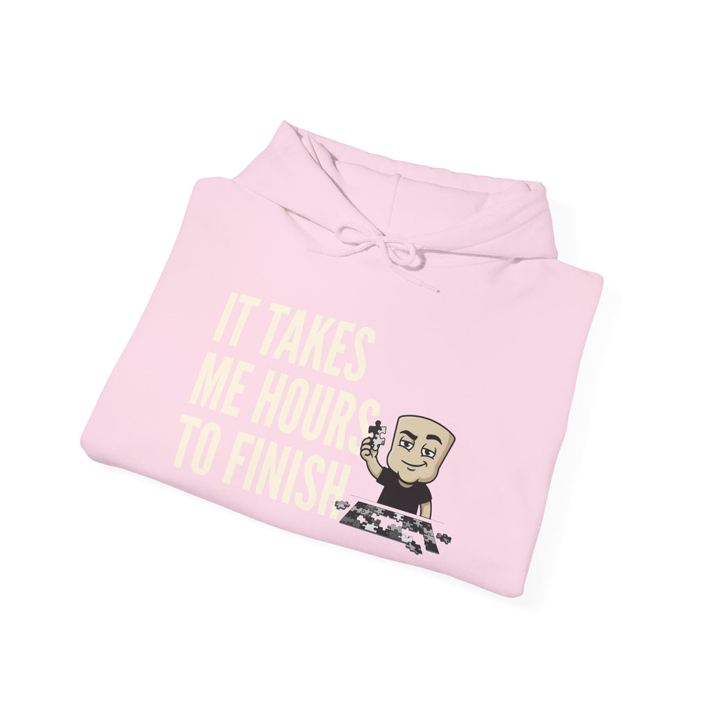 Light pink hoodie with "It takes me hours to finish" chess graphic