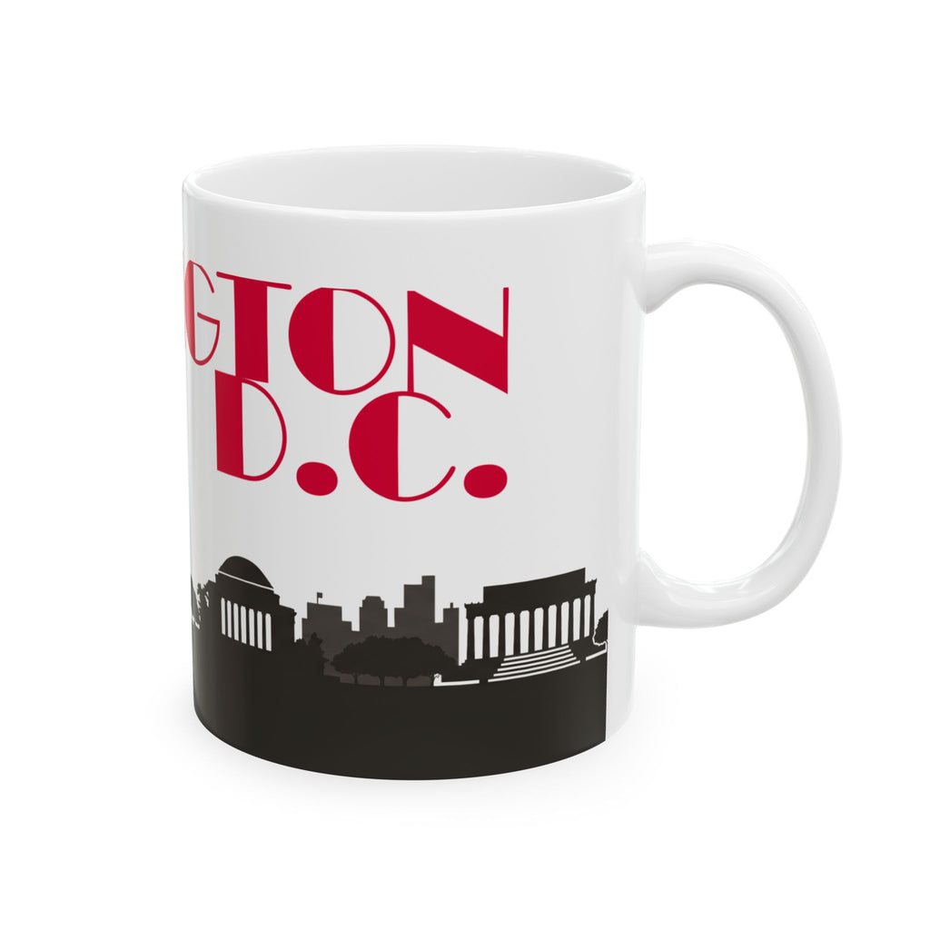 White ceramic mug with red 'GTOWN D.C.' text and black D.C. skyline band