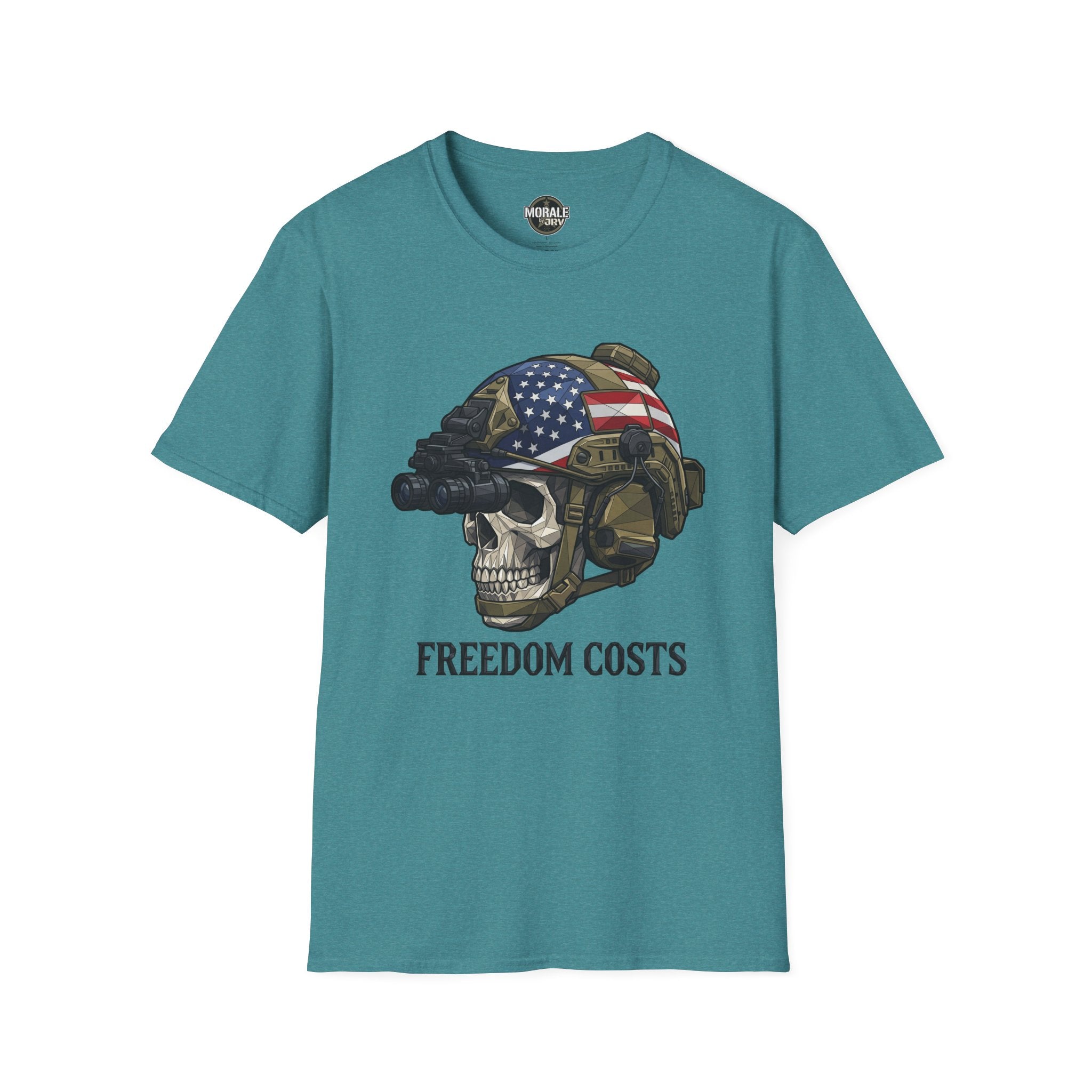 Turquoise tee: skull soldier helmet with U.S. flag graphic and "FREEDOM COSTS"
