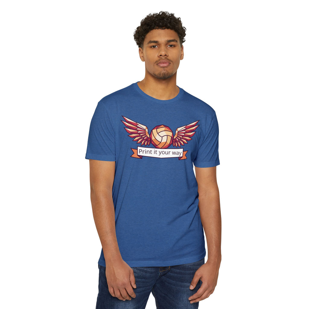 Blue volleyball T-shirt with winged volleyball graphic and ribbon text on front.