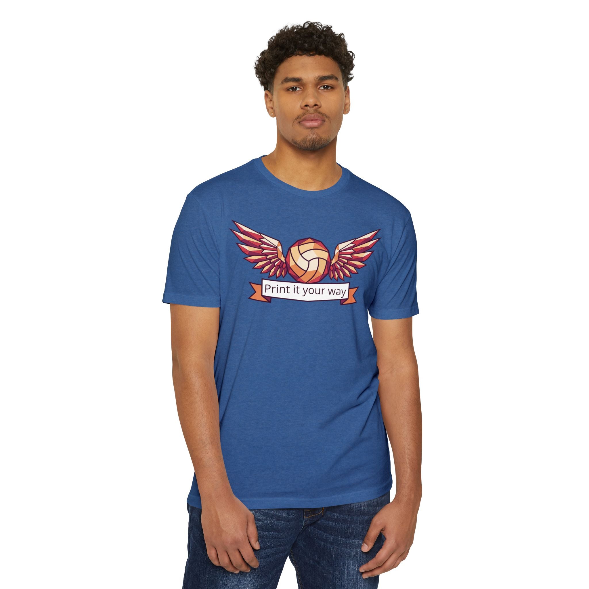 Blue volleyball T-shirt with winged volleyball graphic and ribbon text on front.