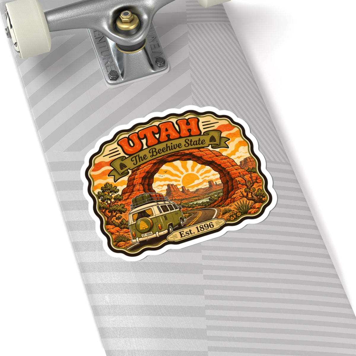 Utah vintage sticker with kiss-cut border; canyon arch, classic van, sunrise, and Est. 1896