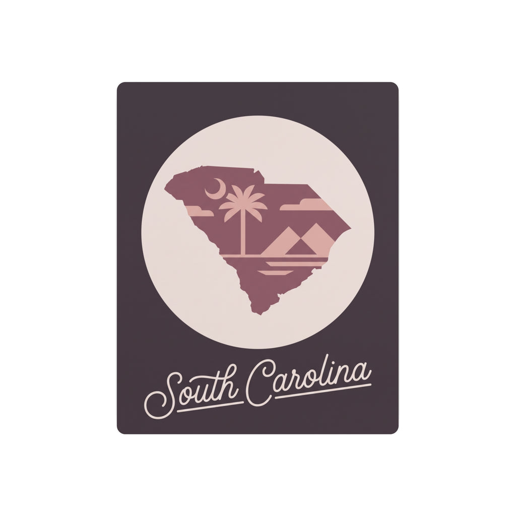 Mauve metal wall art sign with circular South Carolina silhouette and script lettering