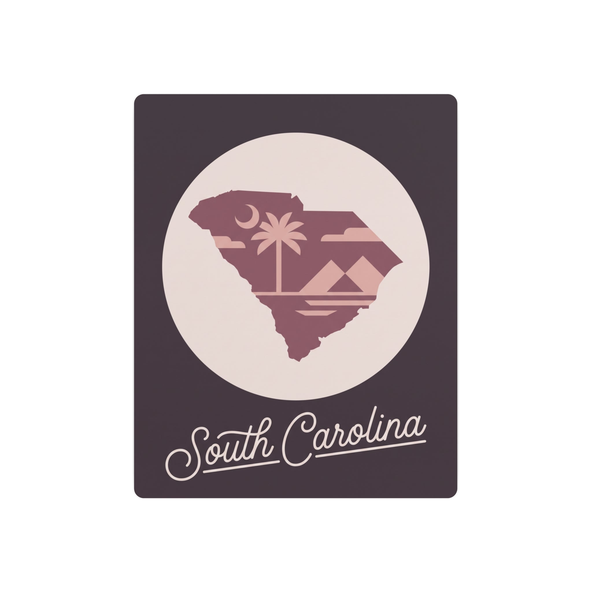 Mauve metal wall art sign with circular South Carolina silhouette and script lettering
