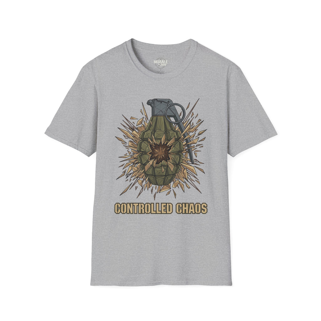 Sport grey T-shirt with controlled chaos grenade explosion graphic
