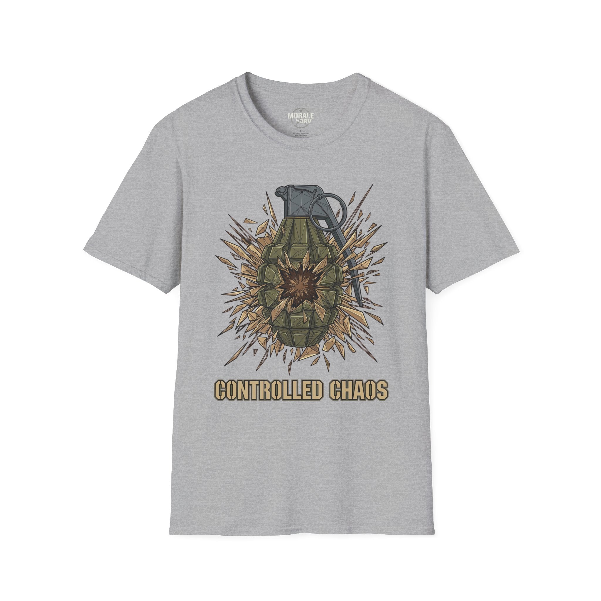 Sport grey T-shirt with controlled chaos grenade explosion graphic