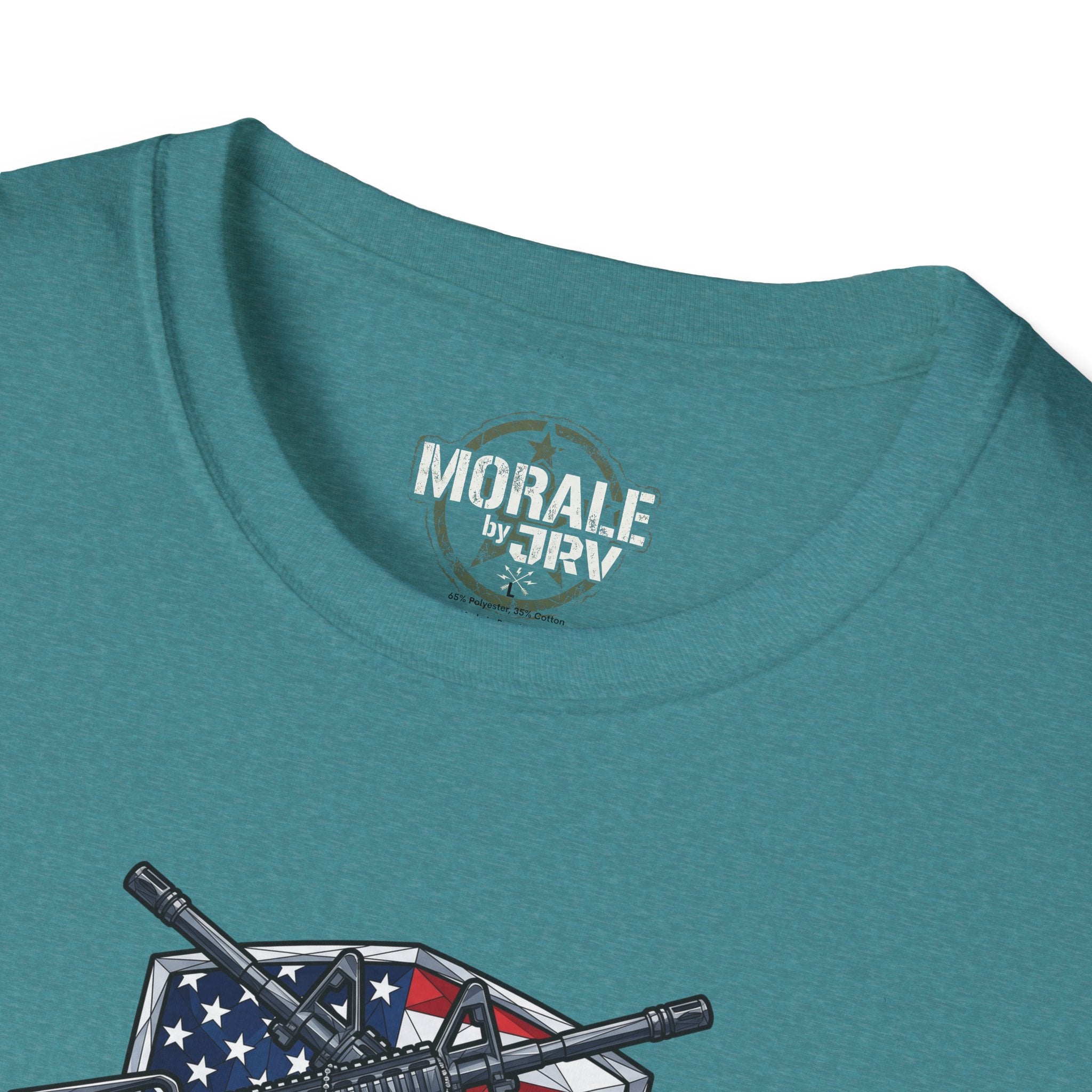 Blue-green T-shirt back neckline with small “MORALE by GVR” graphic