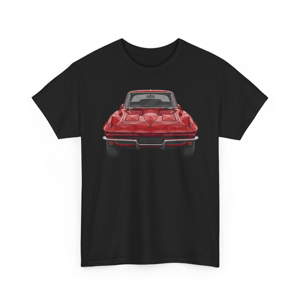 Black crew-neck T-shirt with centered red sports coupe graphic, front view