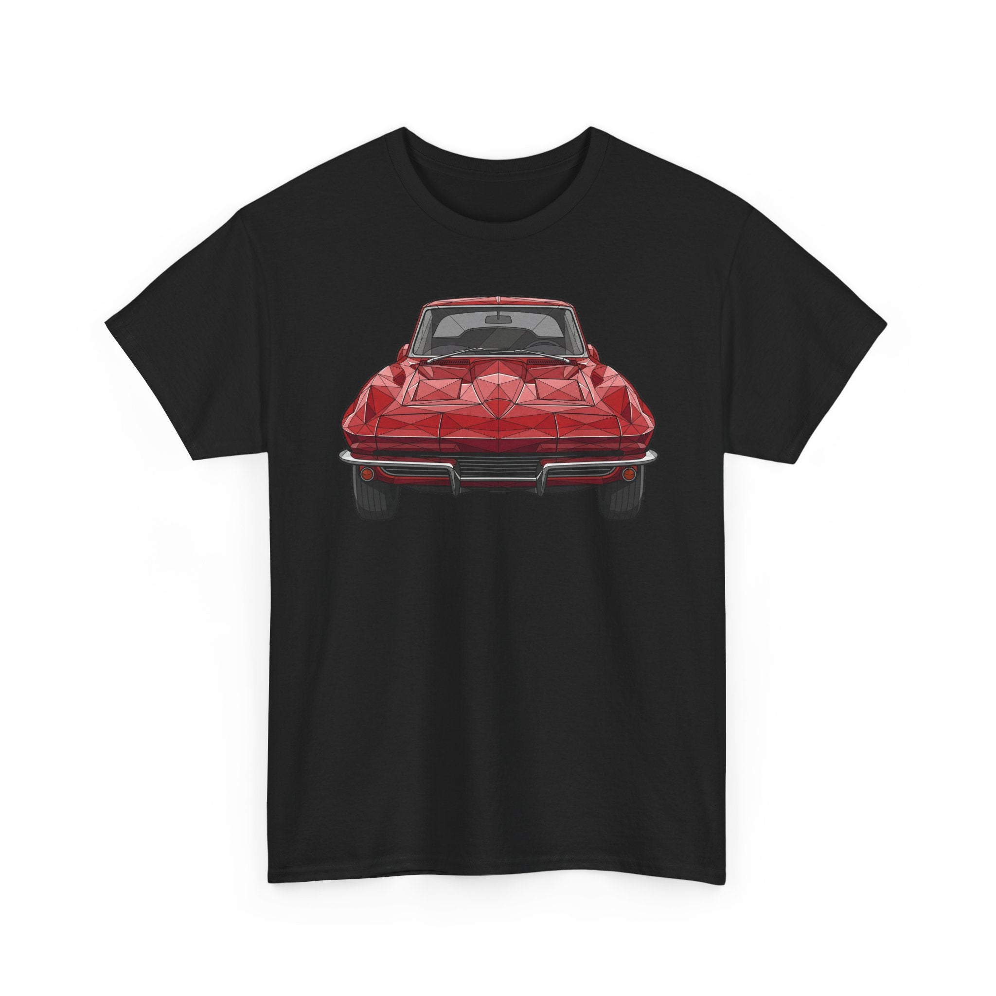 Black crew-neck T-shirt with centered red sports coupe graphic, front view