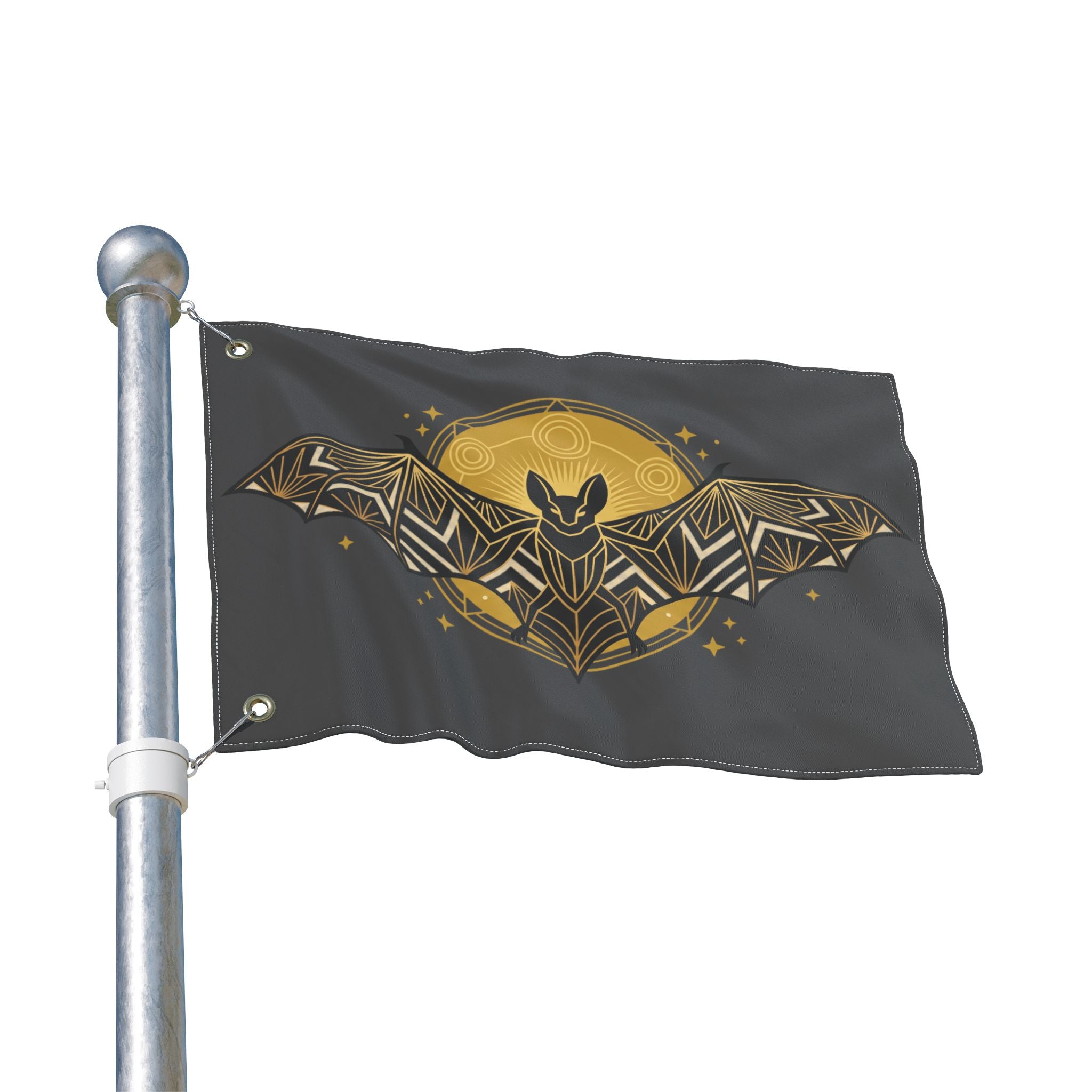 Bat banner flag on metal pole; dark fabric with gold art deco bat and moon graphic