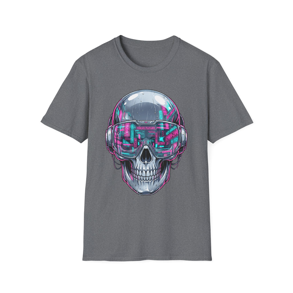 Dark heather gray T-shirt with cyberpunk chrome skull and neon visor print