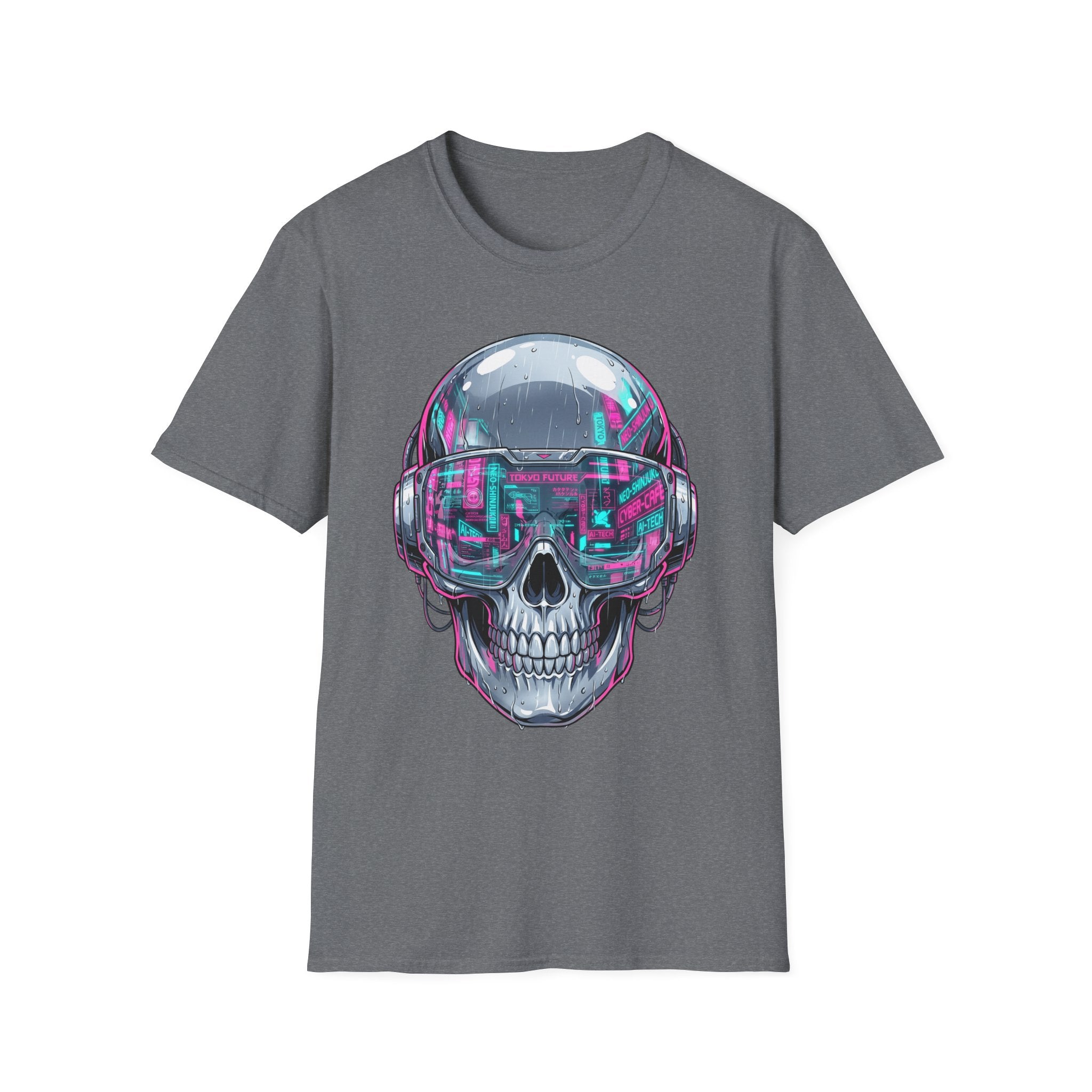 Dark heather gray T-shirt with cyberpunk chrome skull and neon visor print