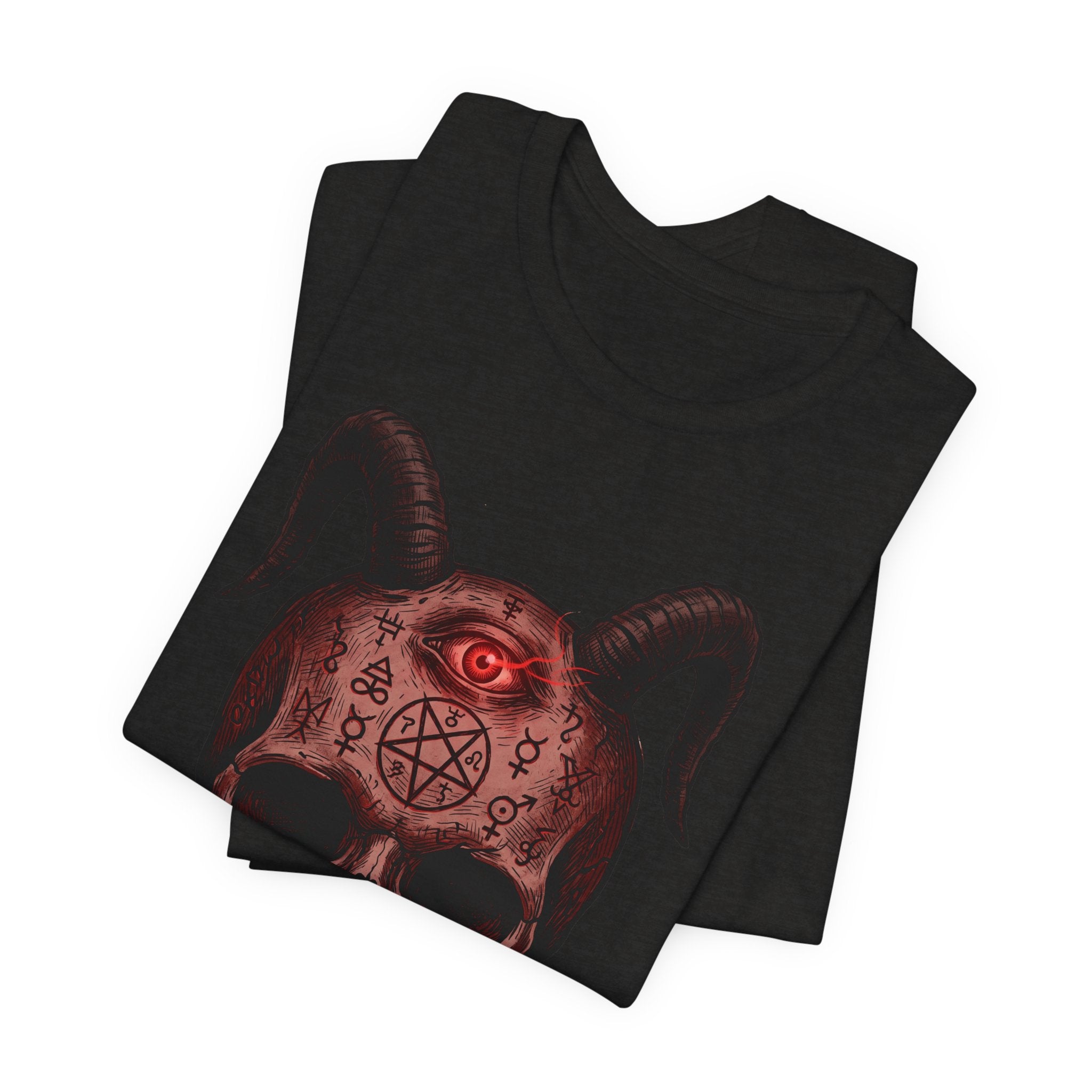 Unisex dark T-shirt with red demon skull graphic and glowing eye on chest
