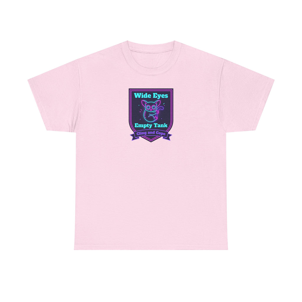 Light pink crewneck T-shirt with neon purple and teal owl badge logo on chest