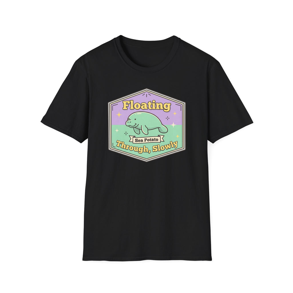Black t-shirt with front graphic of floating sea potato manatee and slogan